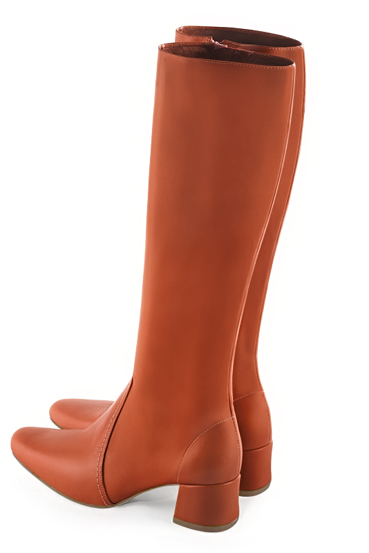 Terracotta orange women's feminine knee-high boots. Round toe. Low flare heels. Made to measure. Rear view - Florence KOOIJMAN